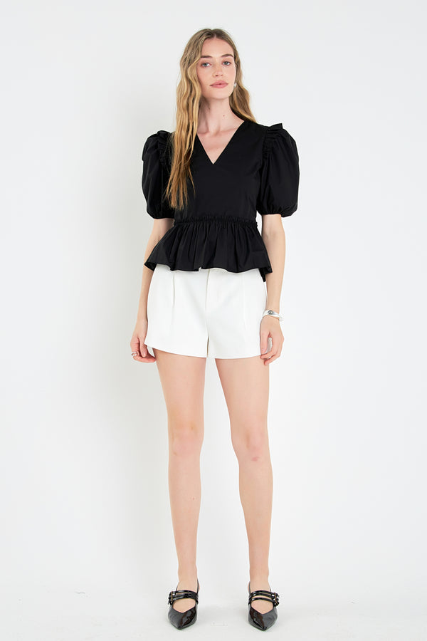 english factory V-neckline Puff Sleeve Top BLACK
