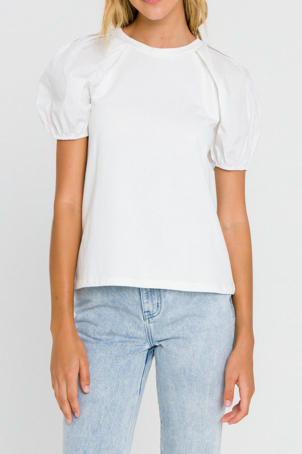 English Factory Women Knit Puff Sleeve Shirt WHITE