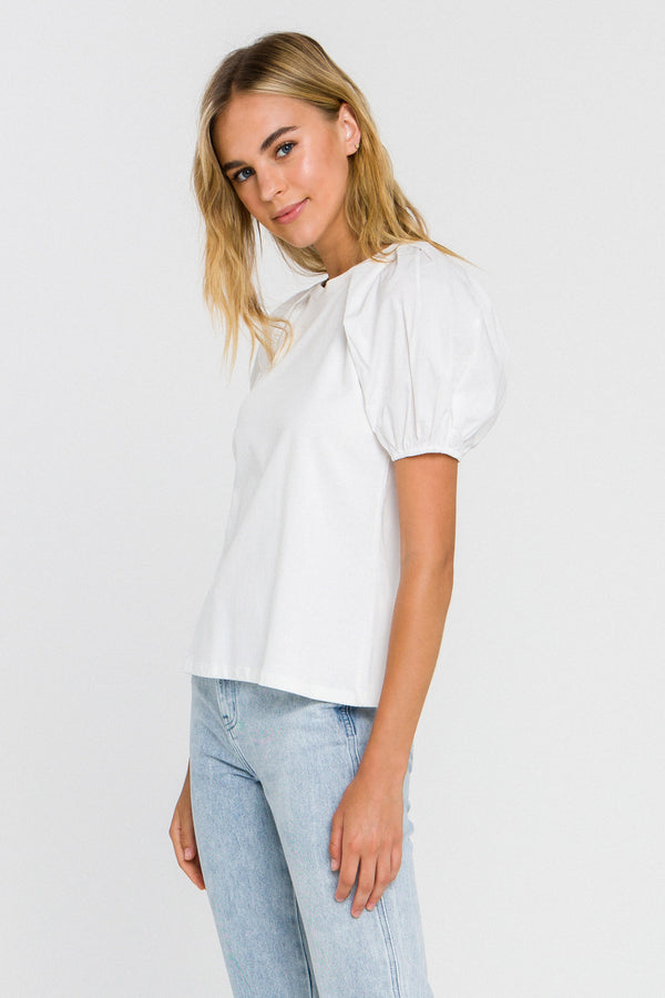 English Factory Women Knit Puff Sleeve Shirt WHITE