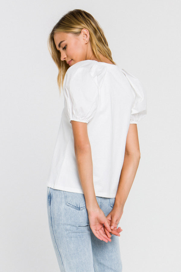 English Factory Women Knit Puff Sleeve Shirt WHITE