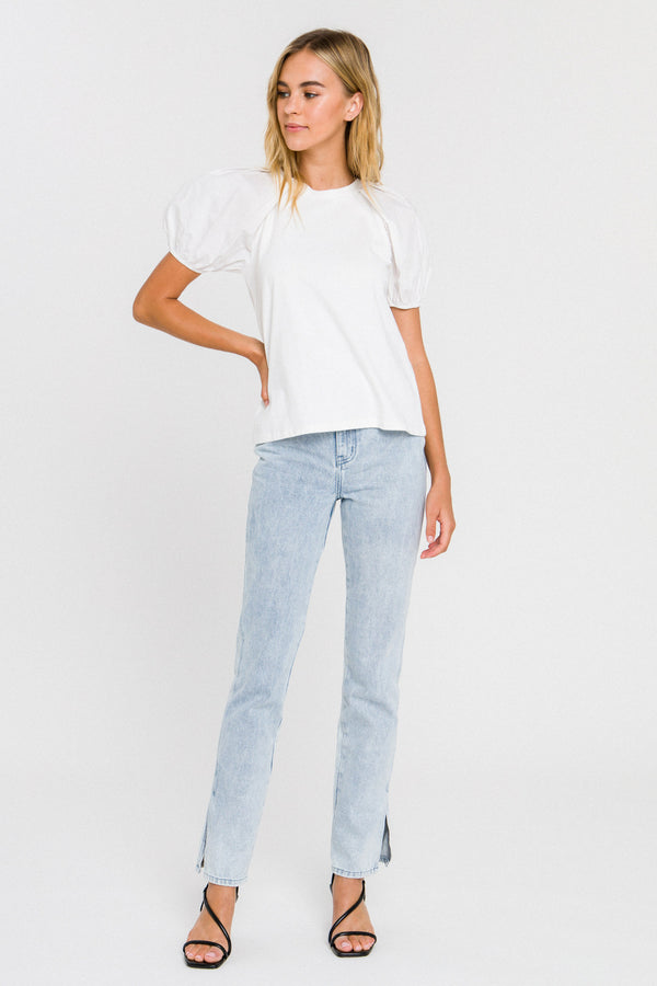 english factory Women Knit Puff Sleeve Shirt WHITE