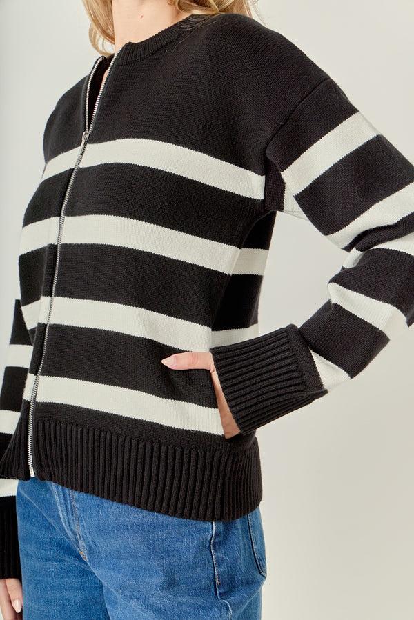 English Factory Zip Up Striped Sweater BLACK/IVORY