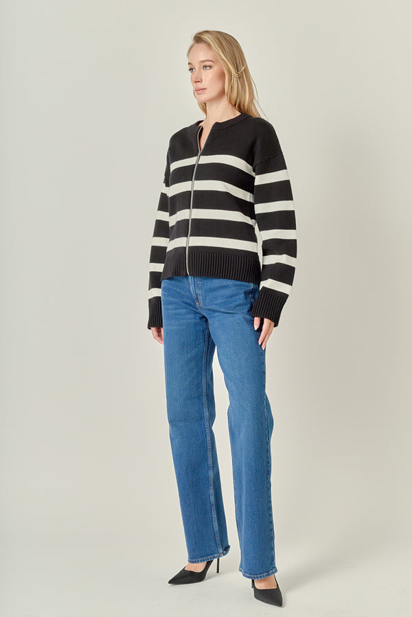 English Factory Zip Up Striped Sweater BLACK/IVORY