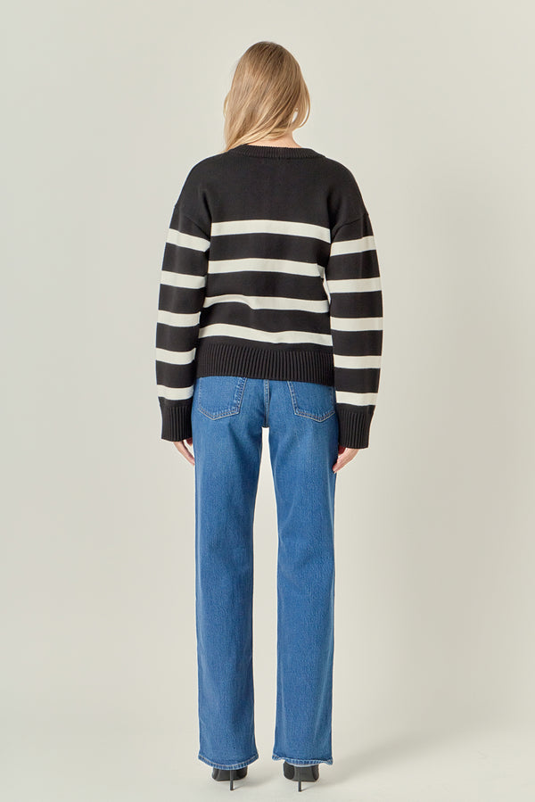 English Factory Zip Up Striped Sweater BLACK/IVORY