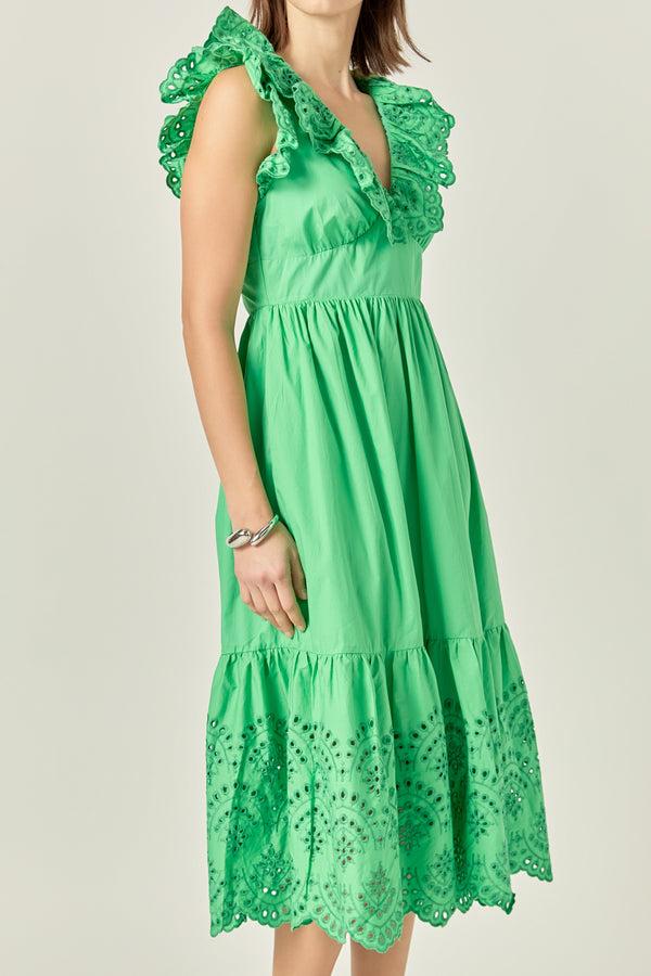 English Factory Eyelet Scallop Detail Midi Dress GREEN