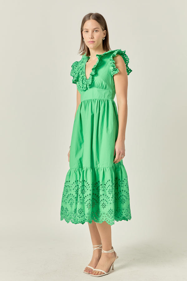 English Factory Eyelet Scallop Detail Midi Dress GREEN
