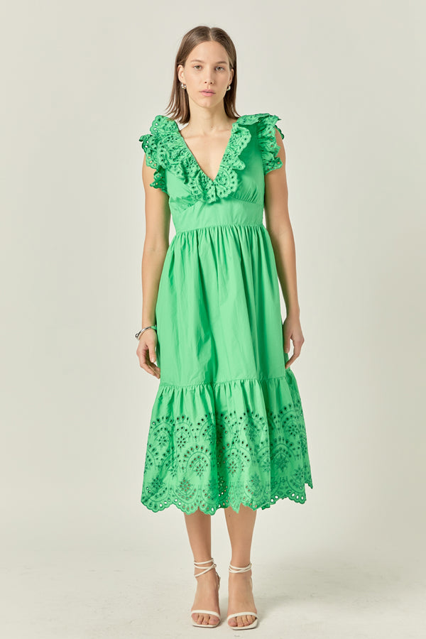 english factory Eyelet Scallop Detail Midi Dress GREEN