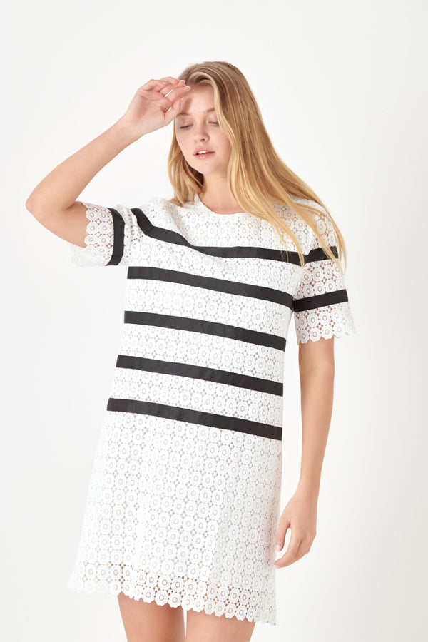English Factory Eyelet Striped Shift Dress WHITE/BLACK