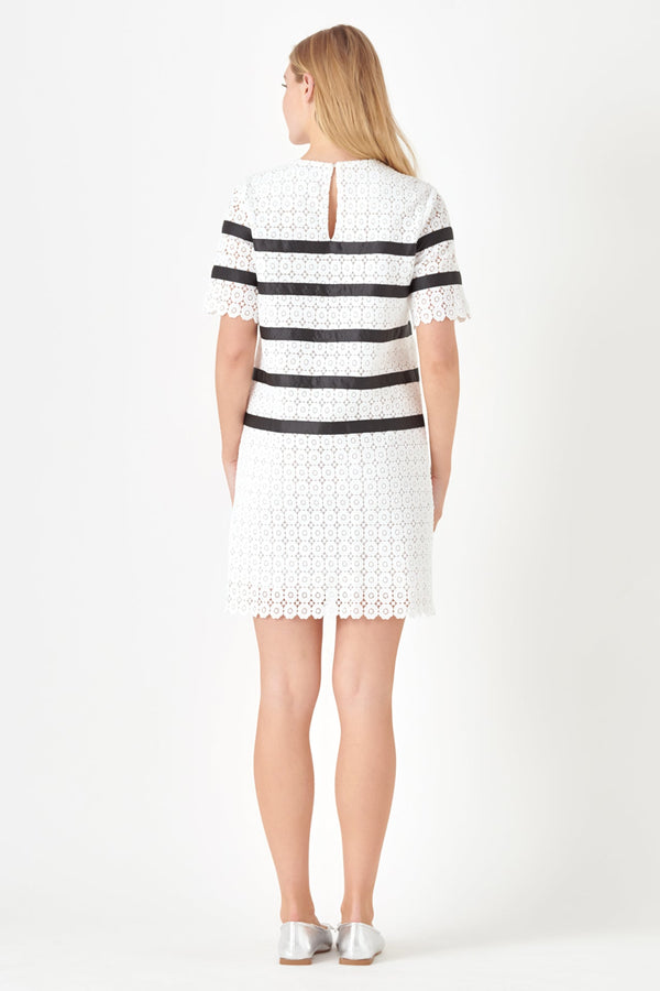 English Factory Eyelet Striped Shift Dress WHITE/BLACK