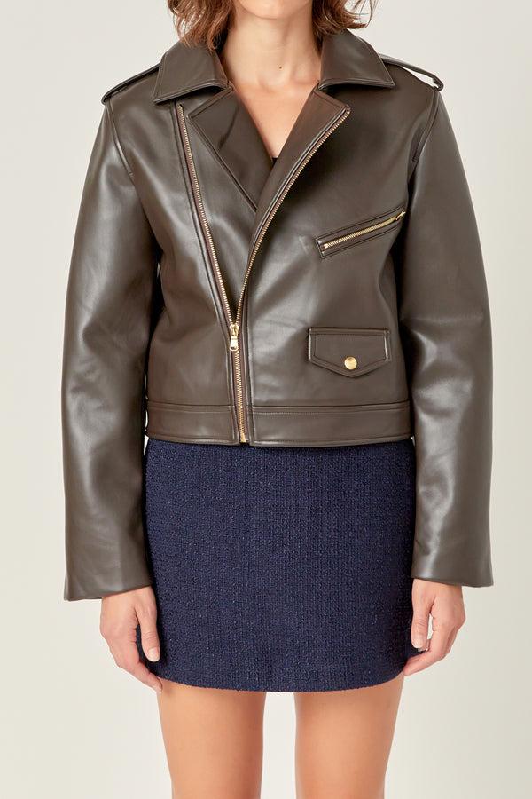 English Factory Faux Leather Biker Jacket DARK BROWN