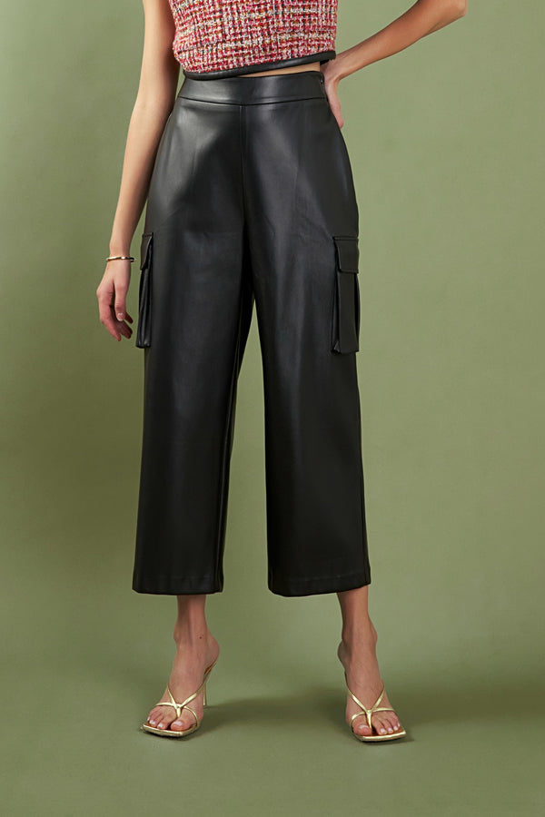 English Factory Faux Leather Cropped Cargo Pants BLACK