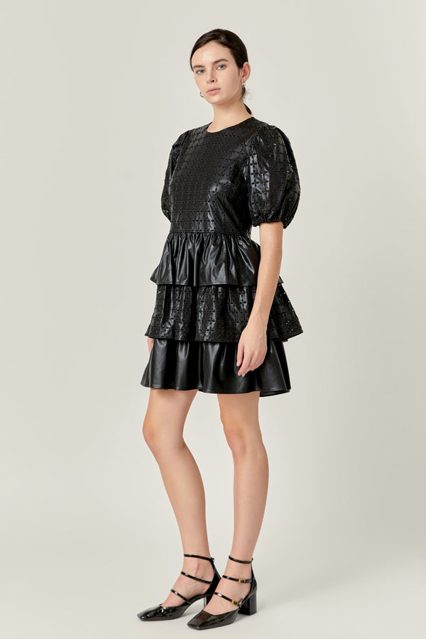 English Factory Faux Leather Embroidered Mini Dress BLACK