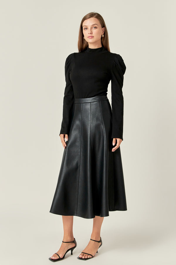 English Factory Flare Faux Leather Midi Skirt BLACK