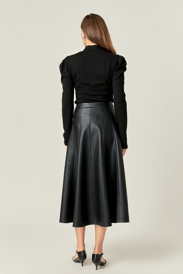 English Factory Flare Faux Leather Midi Skirt BLACK