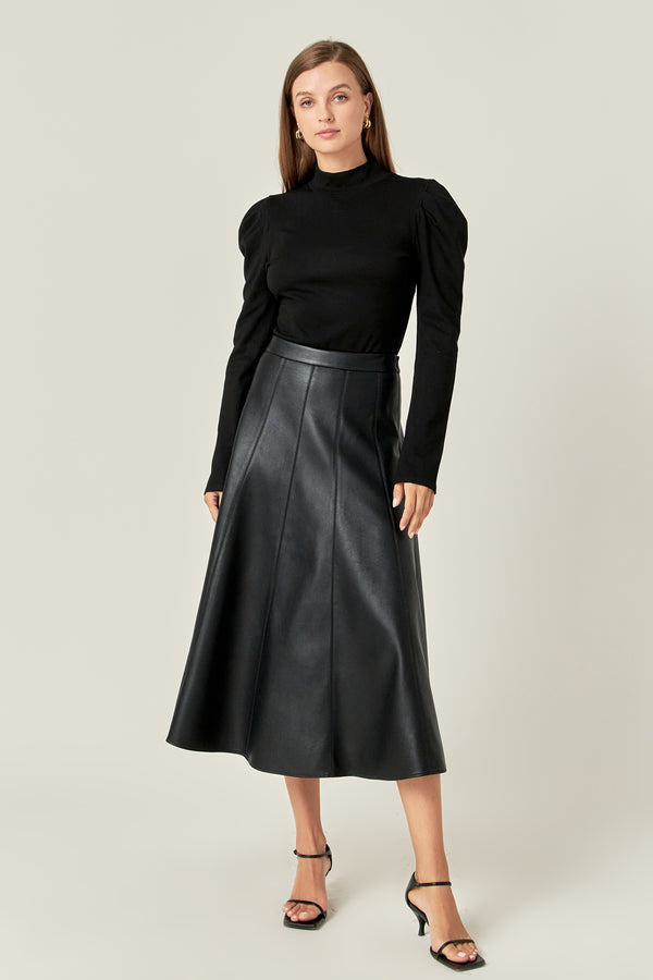 english factory Flare Faux Leather Midi Skirt BLACK