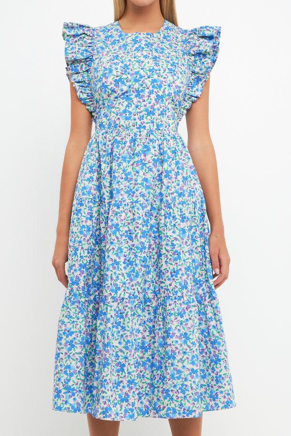 English Factory Floral Back Cut-out Midi Dress BLUE MULTI