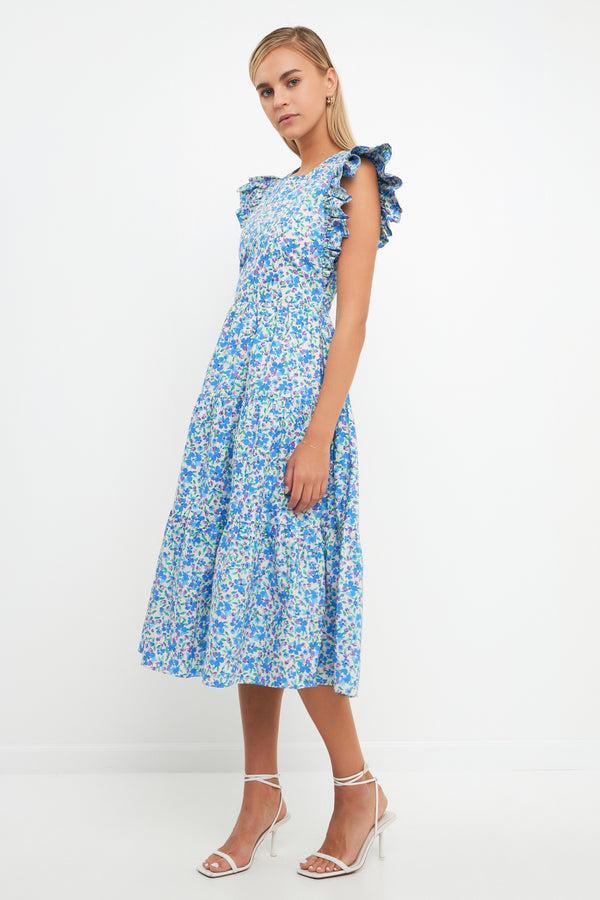 English Factory Floral Back Cut-out Midi Dress BLUE MULTI