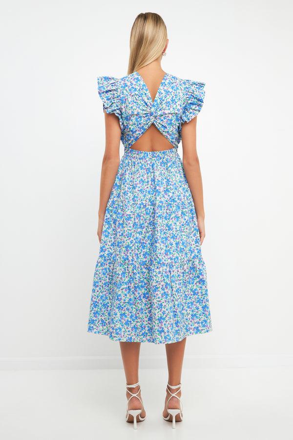 English Factory Floral Back Cut-out Midi Dress BLUE MULTI