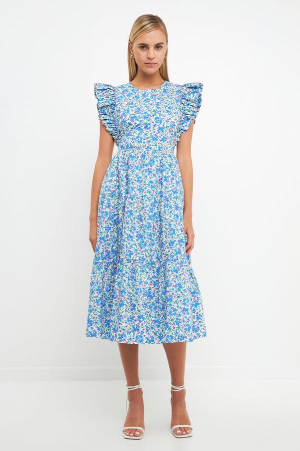 english factory Floral Back Cut-out Midi Dress BLUE MULTI