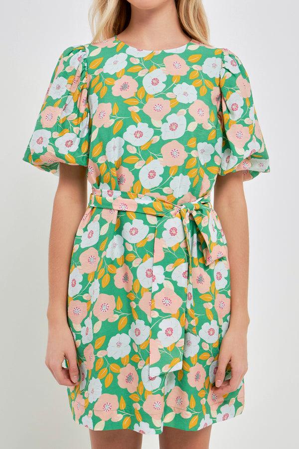 English Factory Floral Belted Puff Sleeve Mini Shift Dress GREEN