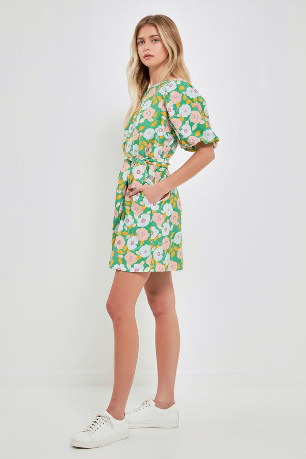 English Factory Floral Belted Puff Sleeve Mini Shift Dress GREEN