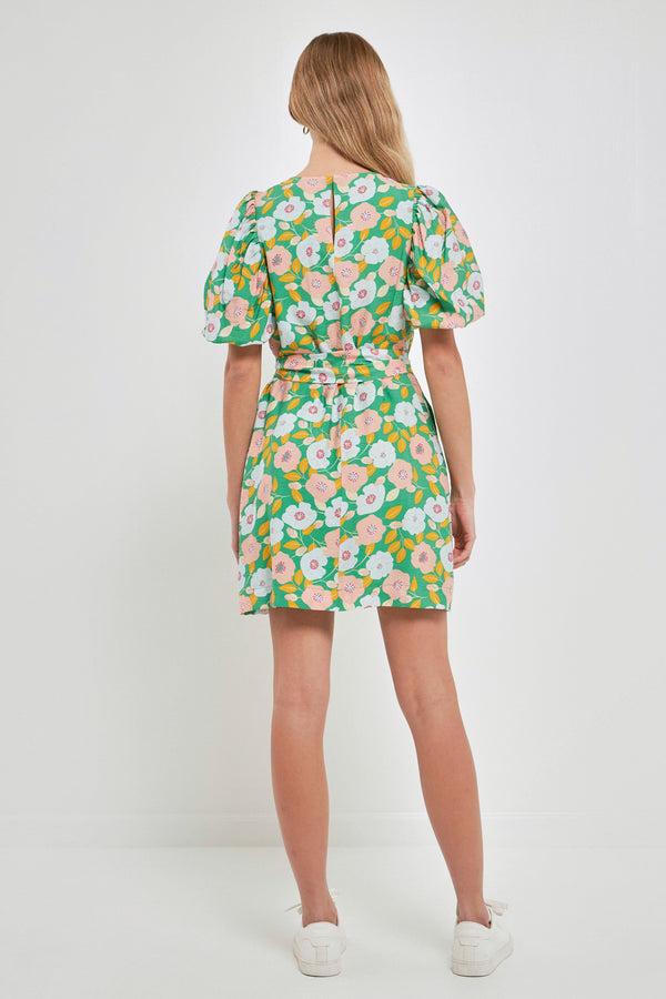 English Factory Floral Belted Puff Sleeve Mini Shift Dress GREEN