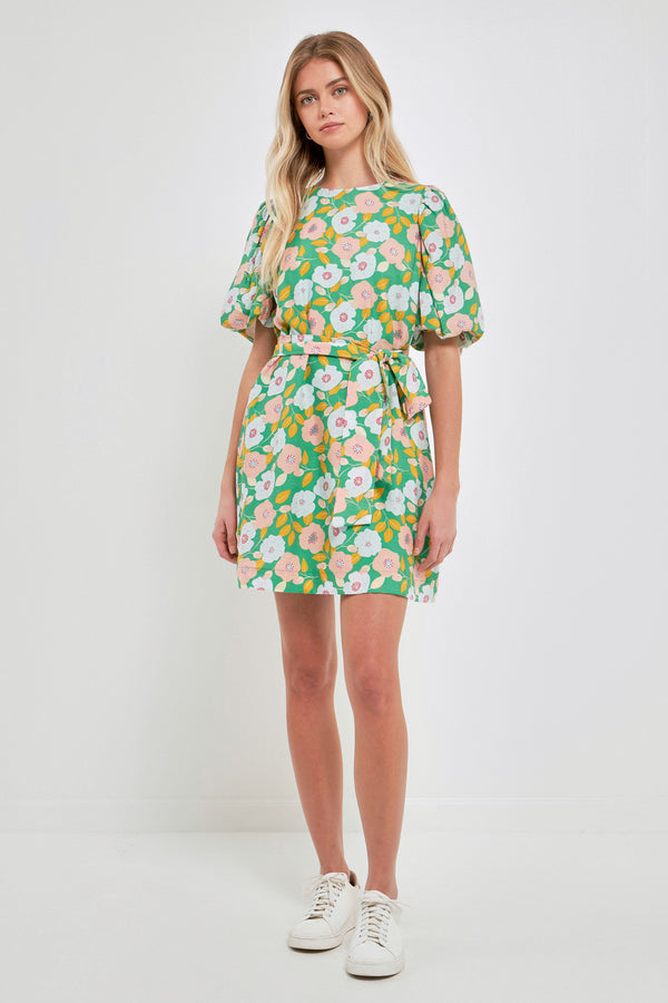 english factory Floral belted Puff Sleeve Mini Shift Dress GREEN