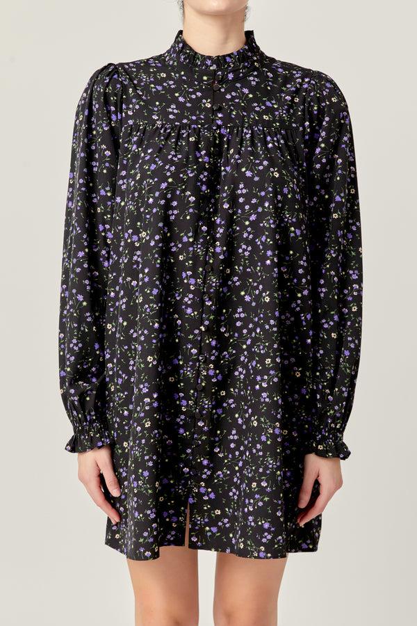 English Factory Floral Button Detail Mini Dress BLACK MULTI