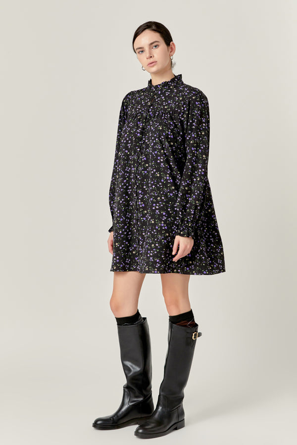 English Factory Floral Button Detail Mini Dress BLACK MULTI