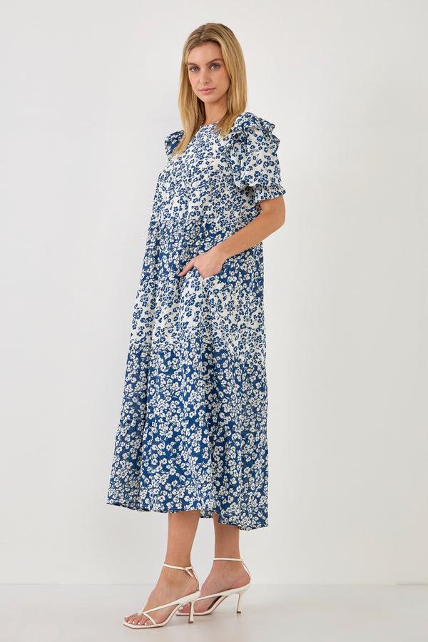 English Factory Floral Color Block Midi Dress WHITE