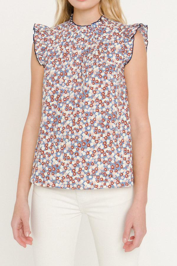 English Factory Floral Contrast Stitch Top BLUE MULTI