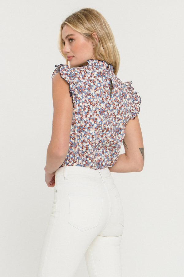 English Factory Floral Contrast Stitch Top BLUE MULTI