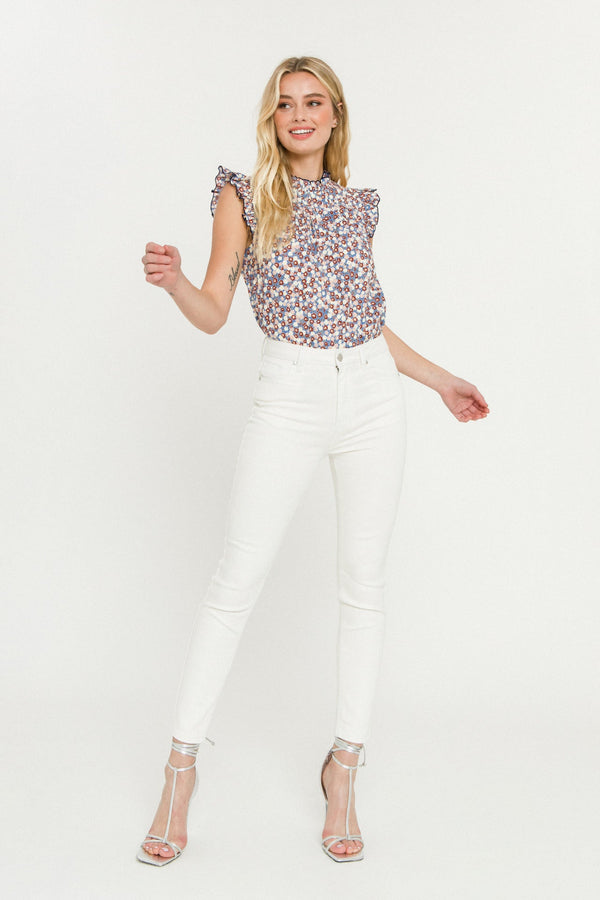 english factory Floral Contrast Stitch Top BLUE MULTI