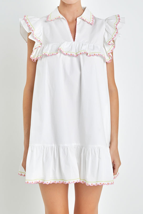English Factory Floral Embroidered Collared Mini Dress WHITE