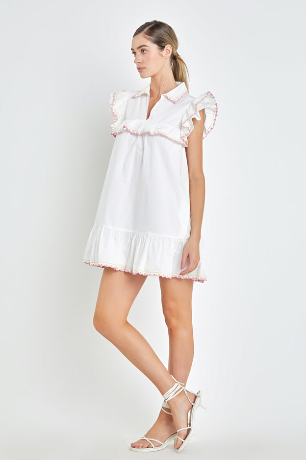 English Factory Floral Embroidered Collared Mini Dress WHITE