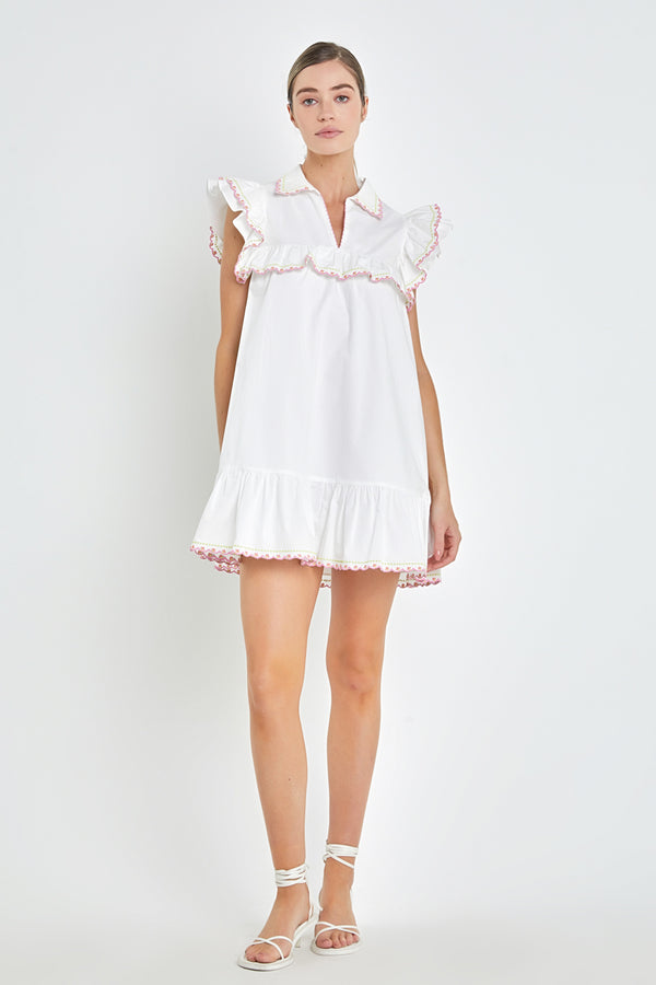 english factory Floral Embroidered Collared Mini Dress WHITE