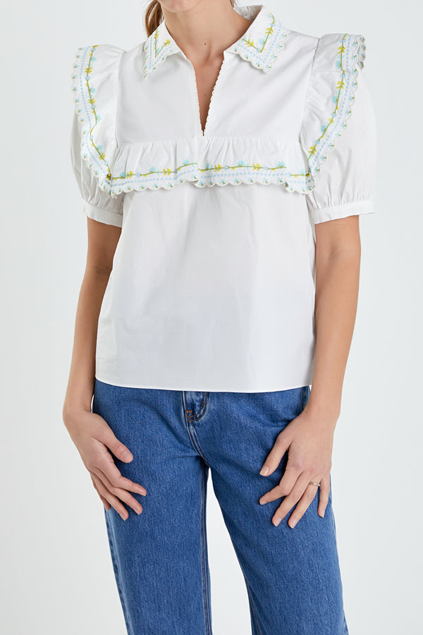 English Factory Floral Embroidered Short Sleeve Top WHITE MULTI