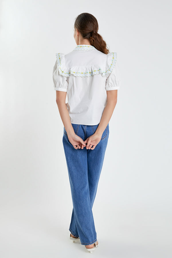 English Factory Floral Embroidered Short Sleeve Top WHITE MULTI