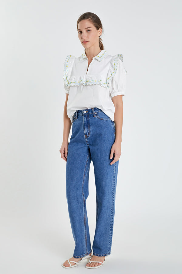 English Factory Floral Embroidered Short Sleeve Top WHITE MULTI