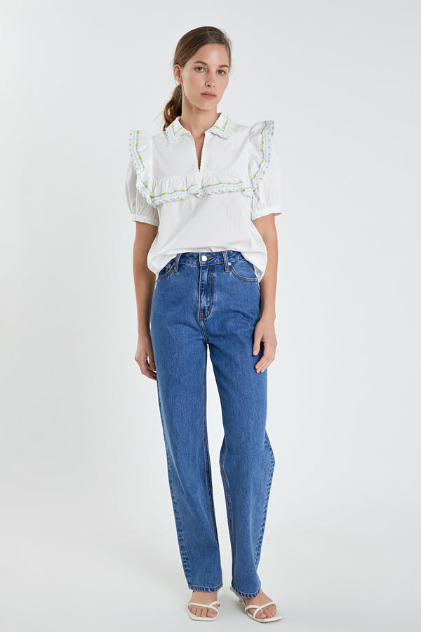 english factory Floral Embroidered Short Sleeve Top WHITE MULTI