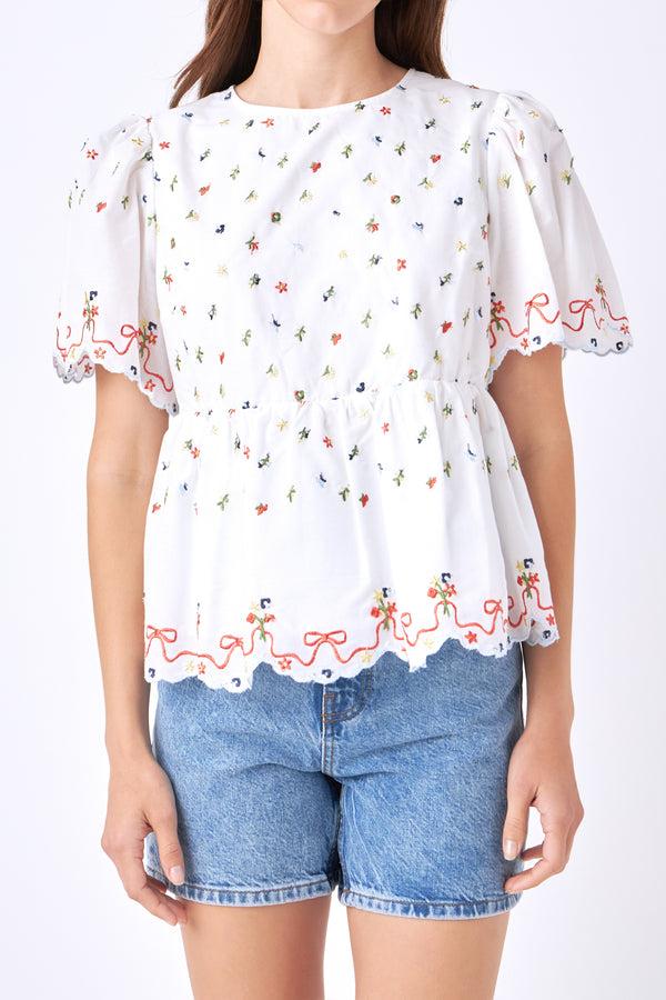 English Factory Floral Embroidery Scalloped Top WHITE