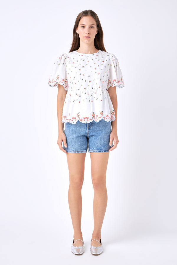 english factory Floral Embroidery Scalloped Top WHITE