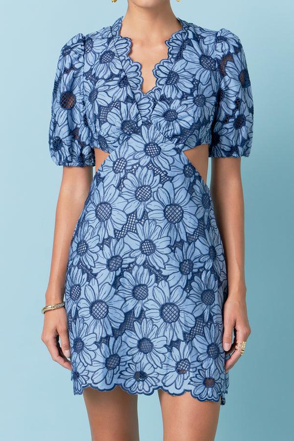 English Factory Floral Eyelet Lace Cut Out Scalloped Mini Dress BLUE