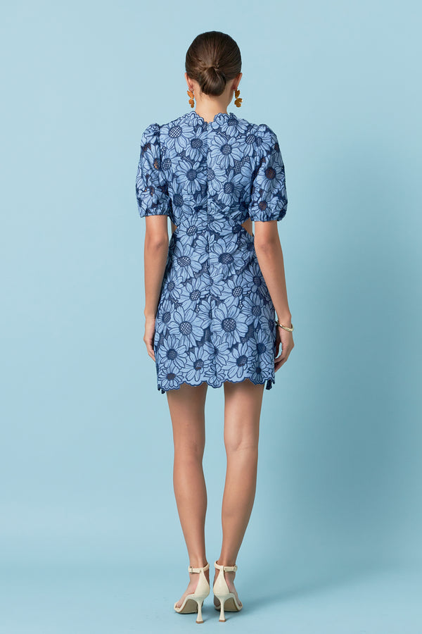 English Factory Floral Eyelet Lace Cut Out Scalloped Mini Dress BLUE