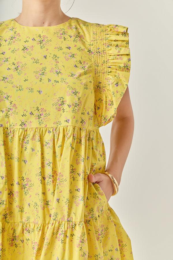 English Factory Floral Mini Dress With Smocking Detail YELLOW