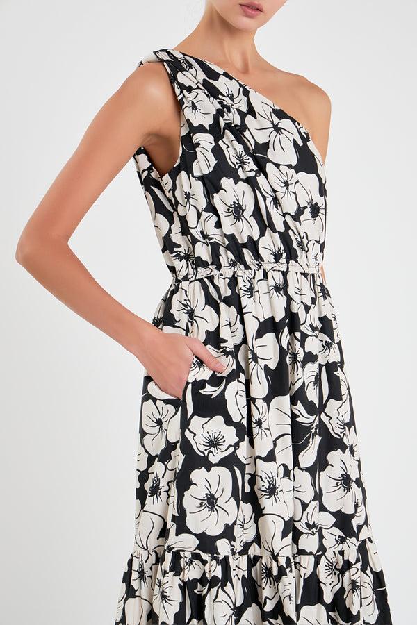 English Factory Floral One Shoulder Long Dress BLACK