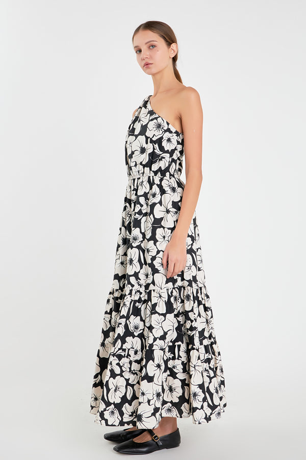 English Factory Floral One Shoulder Long Dress BLACK