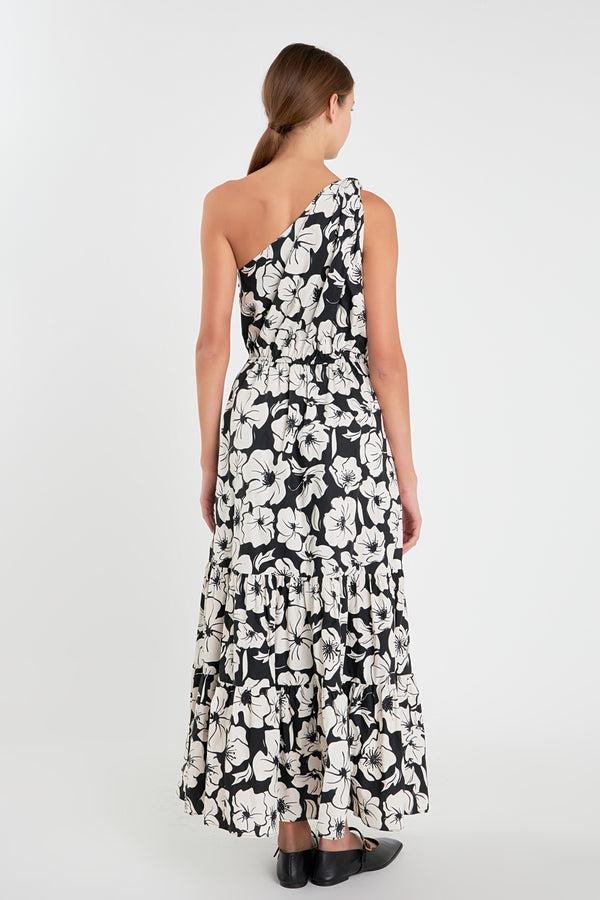 English Factory Floral One Shoulder Long Dress BLACK