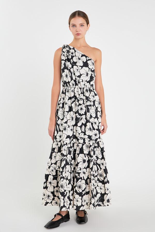 english factory Floral One Shoulder Long Dress BLACK
