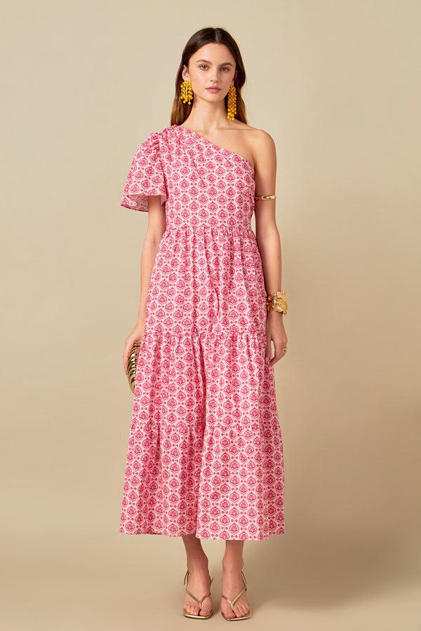 english factory Floral One Shoulder Maxi Dress PINK